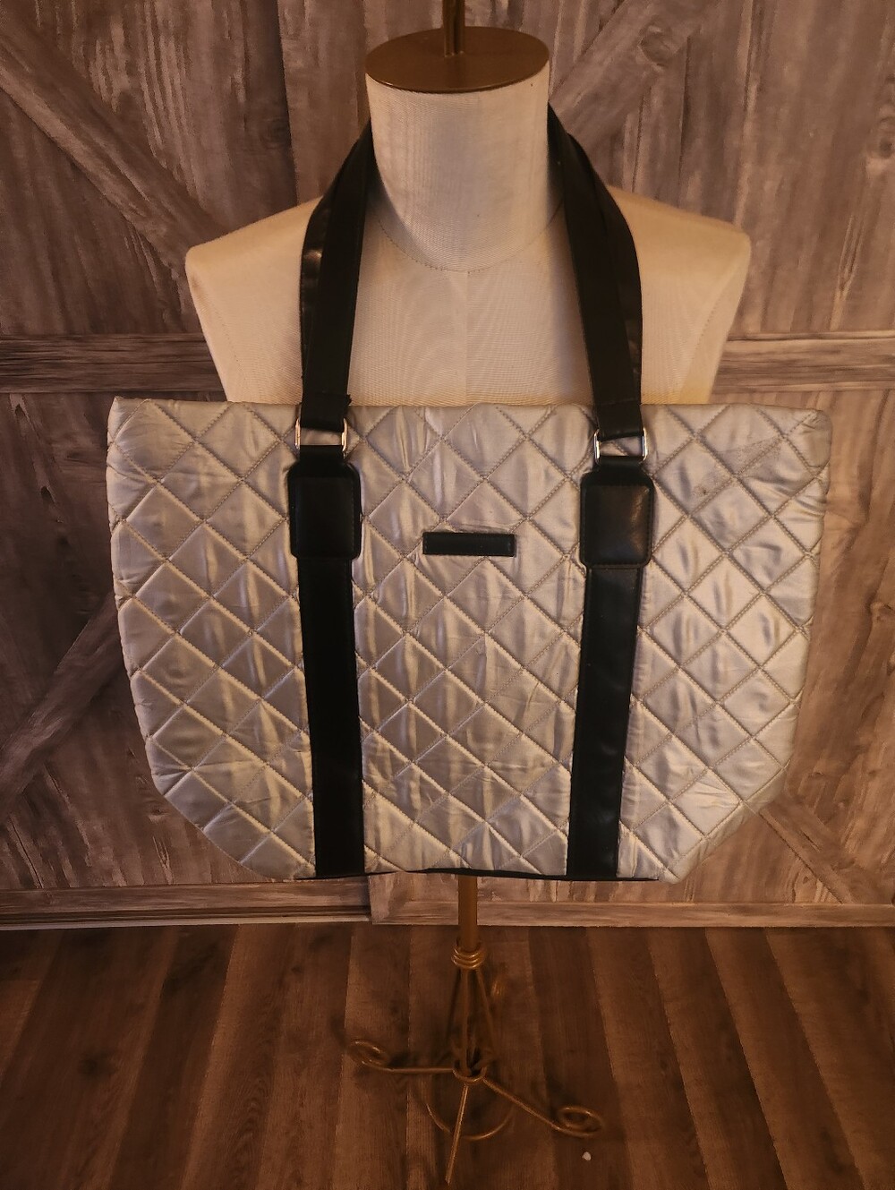Quilted Silver Tote Bag with Black Straps